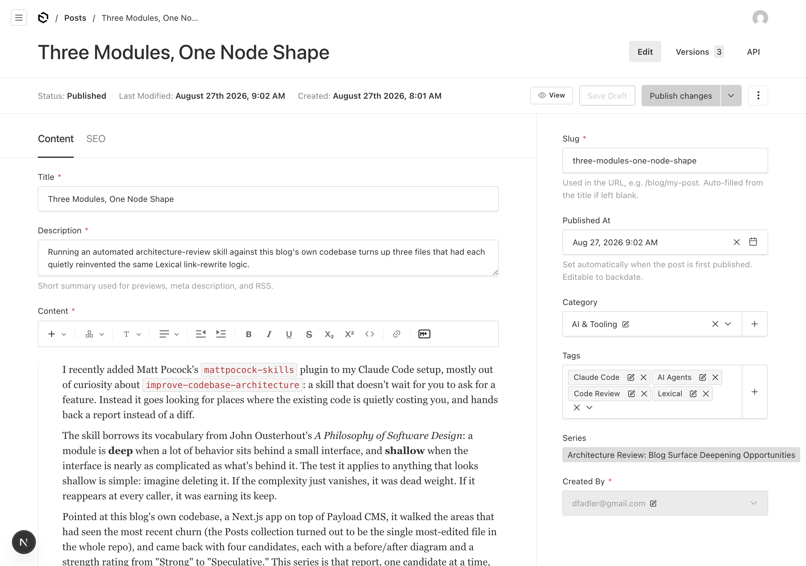 Payload admin edit view after the fix: two-column layout restored, Slug/Category/Tags/Series/Created By back in the sidebar