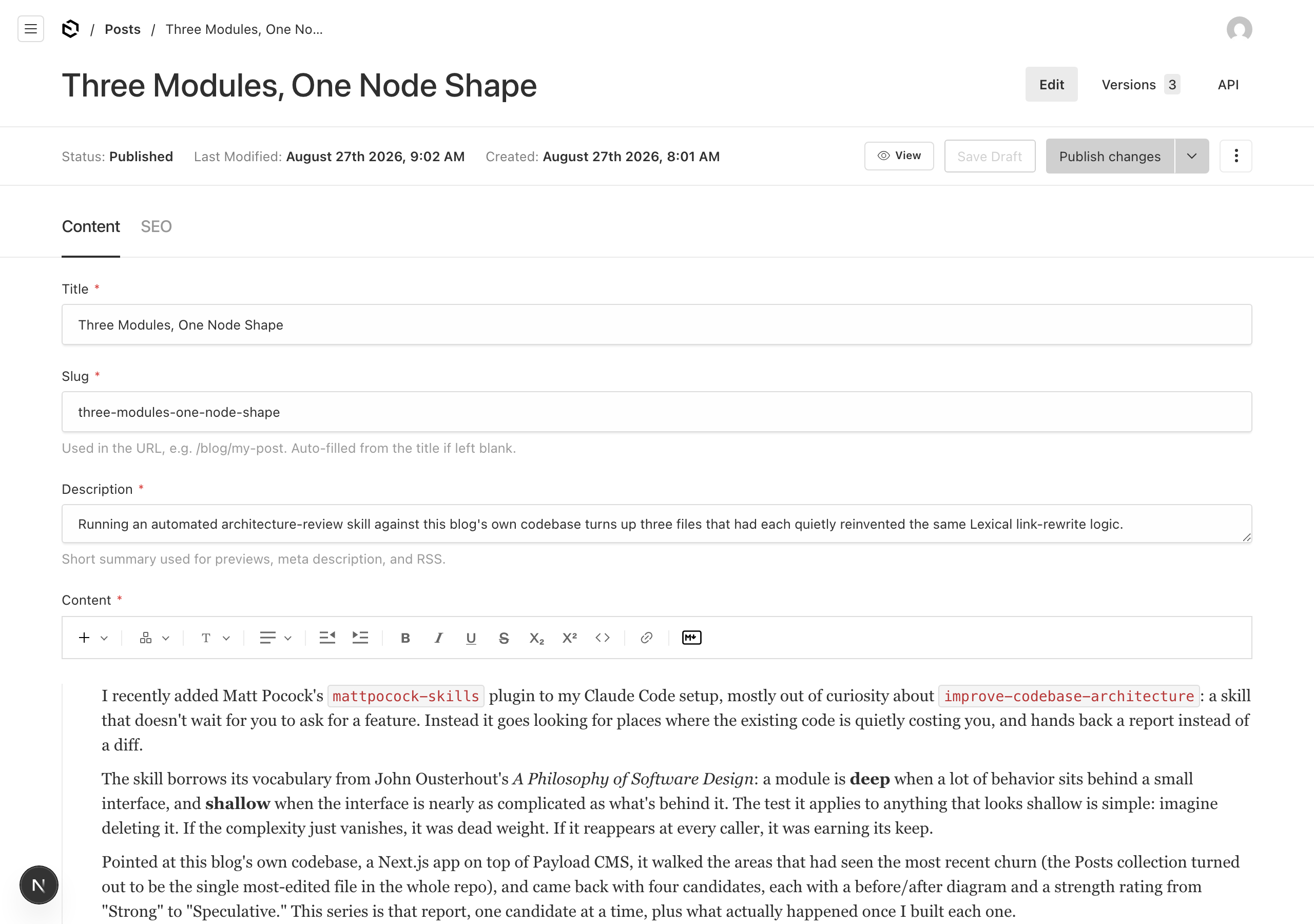 Payload admin edit view before the fix: single column, Slug field buried inline under the title, no sidebar